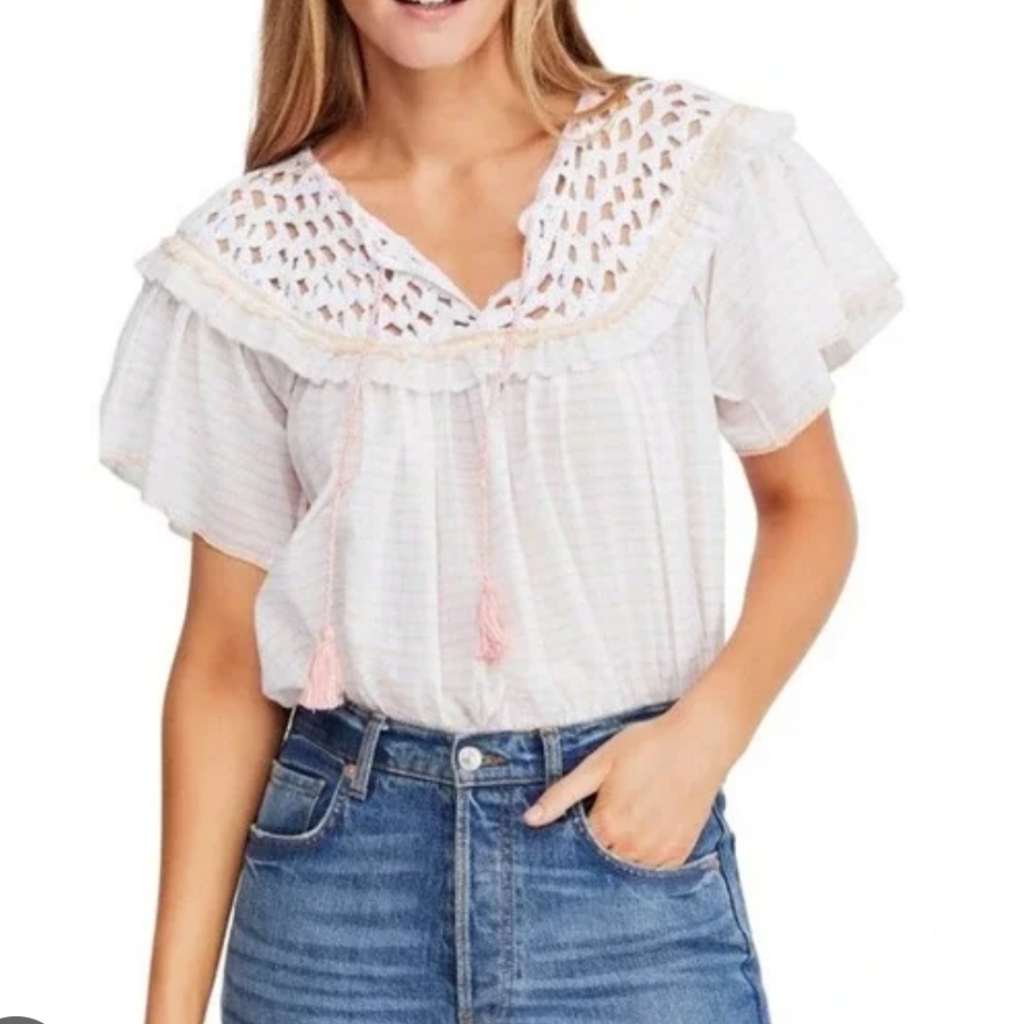 Free People White Crochet Peasant Blouse With Pink Accents